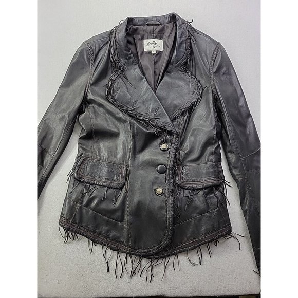 Scully Women's Leather Jacket Dark Brown Fringe Single Breasted Vintage Retro - Picture 2 of 9